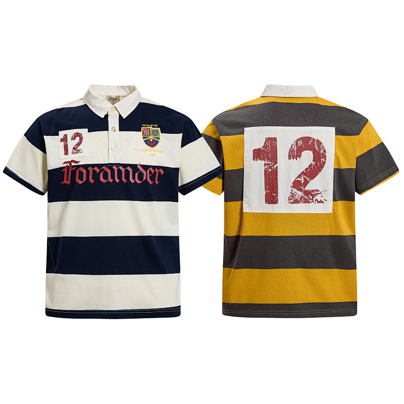 Yiaknis Men's Striped Polo Shirt with 12 Print and Crest
