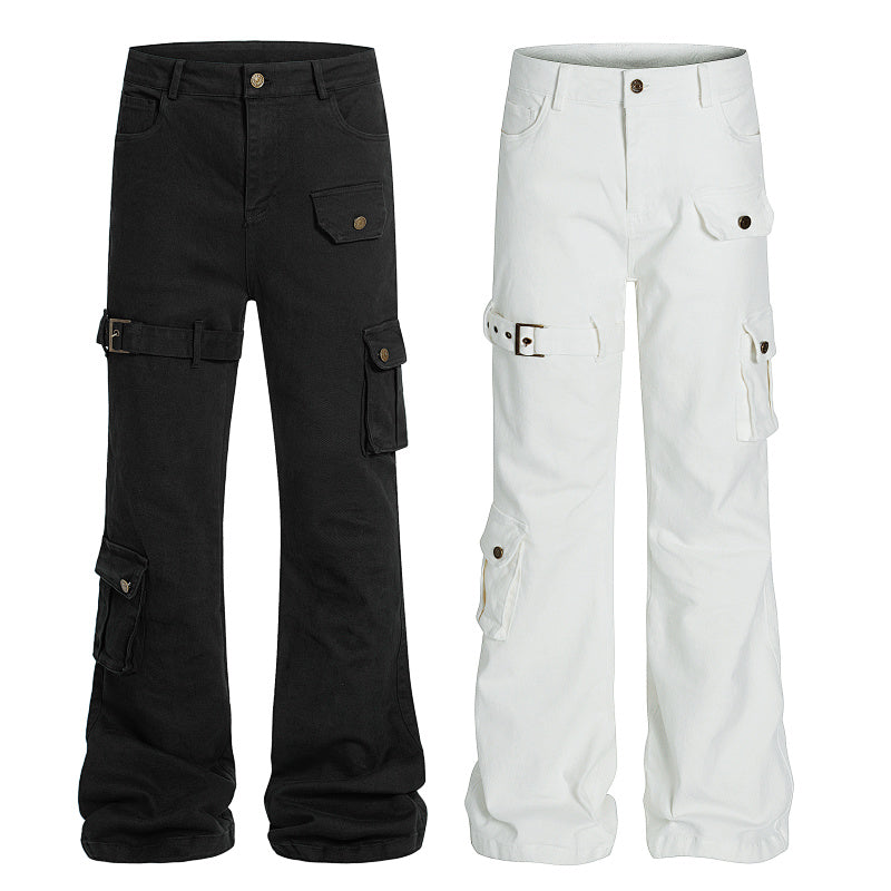 Yiaknis Cargo Trousers with Buckle Leg Strap, Black and White