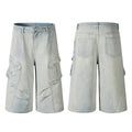 Yiaknis Light Blue Wide-Leg Denim Cargo Capri Pants