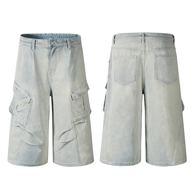 Yiaknis Light Blue Wide-Leg Denim Cargo Capri Pants