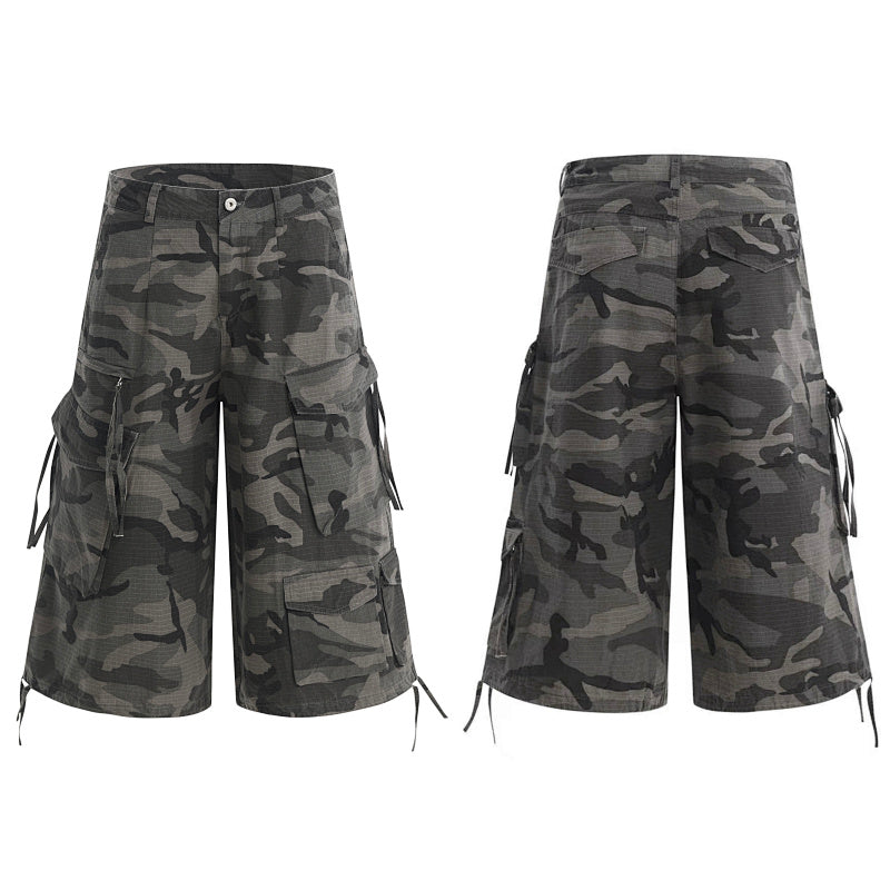 Yiaknis Cropped Camo Cargo Trousers, Drawstring Hems, Grey Camo