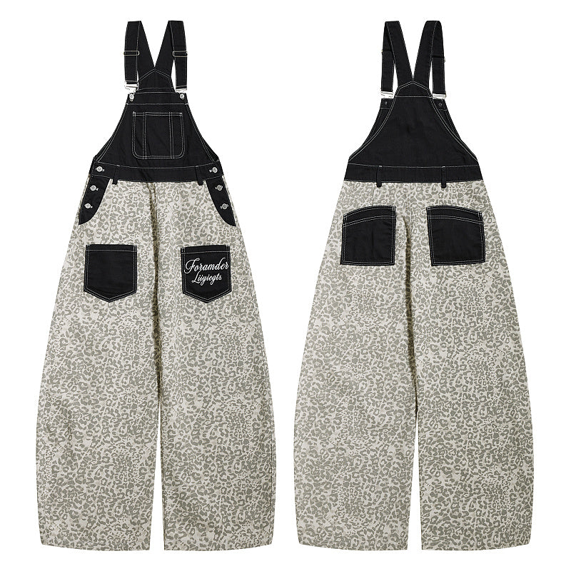 Yiaknis Leopard Print Overalls with Black Bib and Adjustable Straps
