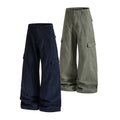 Yiaknis Wide-Leg Cargo Trousers with Button Front, Navy and Grey Green
