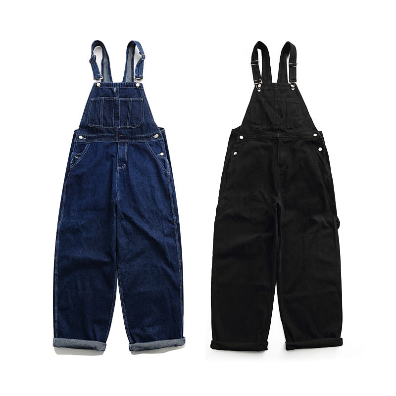 Yiaknis Wide-Leg Denim Overalls, Adjustable Straps, Blue and Black