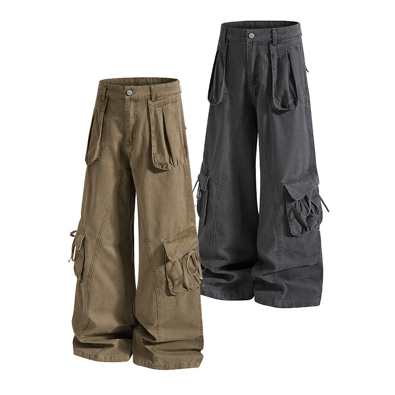 Yiaknis Cargo Trousers, Drawstring Pockets, Khaki and Dark Grey