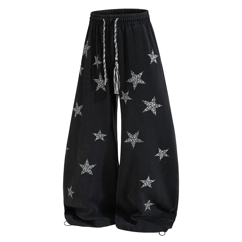 Yiaknis Wide-Leg Sweatpants with Star Print, Black