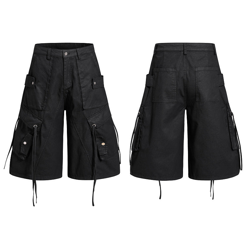 Yiaknis Black Wide-Leg Cargo Shorts with Drawstring Hems