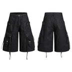 Yiaknis Black Wide-Leg Cargo Shorts with Drawstring Hems