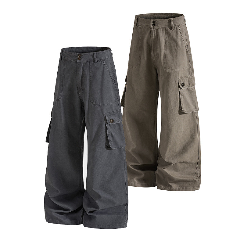Yiaknis Dark Grey and Khaki Wide-Leg Cargo Trousers