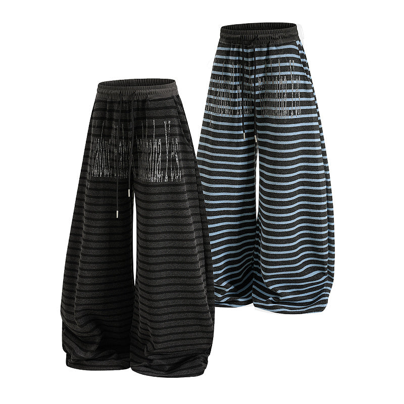 Yiaknis Wide-Leg Striped Sweatpants with Text Print, Black and Blue