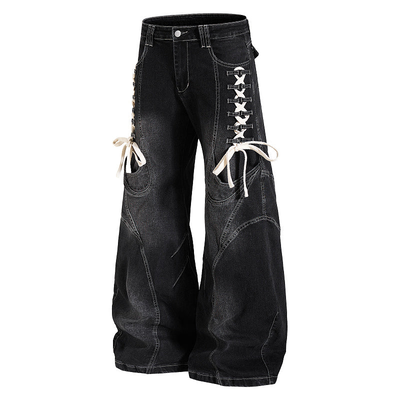 Yiaknis Black Washed Curved-Leg Jeans with Lace-Up Sides, Black