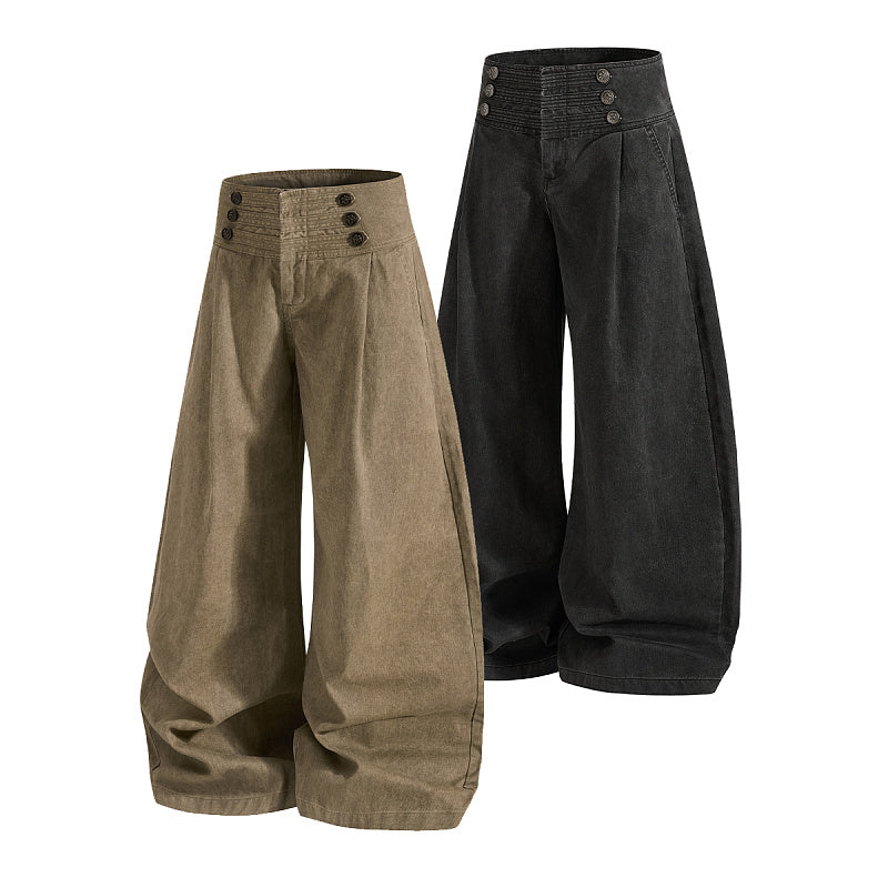 Yiaknis High-Waist Trousers, Button Waistband, Khaki and Black