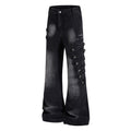 Yiaknis Black Washed Flared Jeans with Button Side Straps, Black