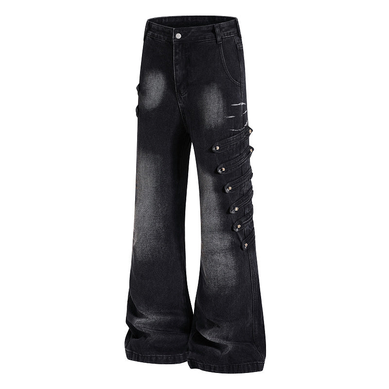 Yiaknis Black Washed Flared Jeans with Button Side Straps, Black