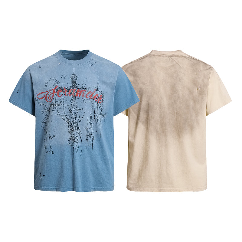Yiaknis Washed T-Shirt, Red Script Print, Blue and Beige
