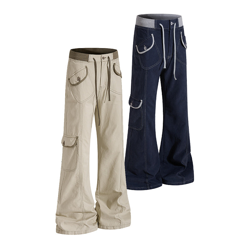 Yiaknis Flared Trousers, Drawstring Waist, Beige and Navy