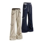 Yiaknis Flared Trousers, Drawstring Waist, Beige and Navy