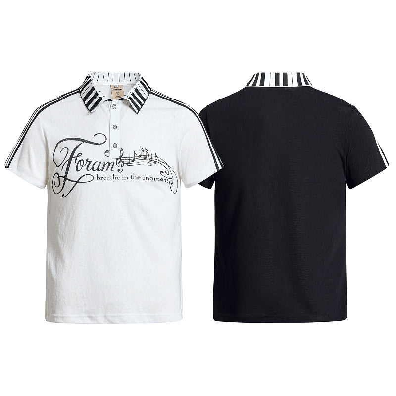 Yiaknis Men's Black and White Polo Shirt, Striped Collar