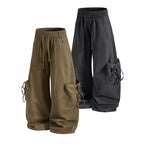 Yiaknis Baggy Wide-Leg Trousers, Drawstring Waist, Khaki and Dark Grey