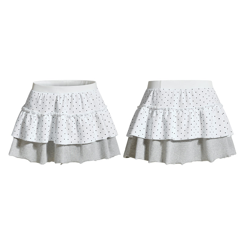 Yiaknis Polka Dot Mini Skirt, Grey Striped Underskirt, White and Grey