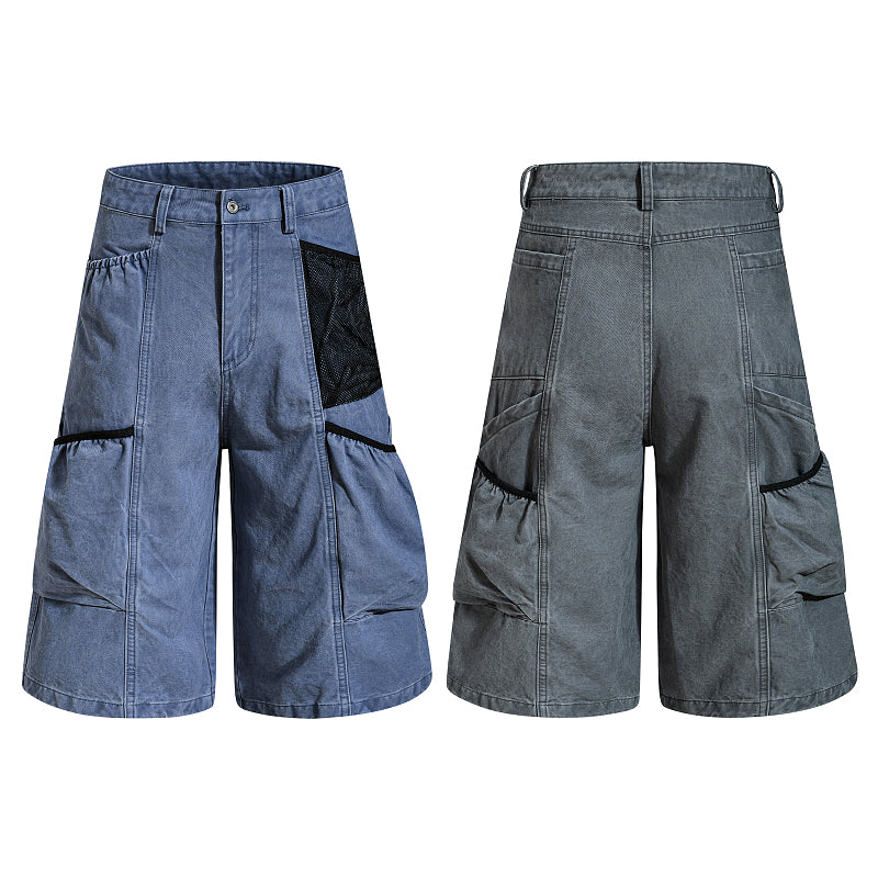Yiaknis Wide-Leg Cropped Cargo Trousers, Mesh Panel, Blue and Grey