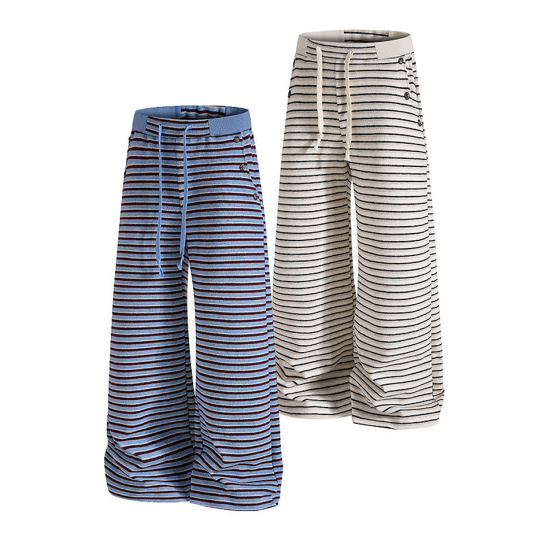 Yiaknis Wide-Leg Striped Sweatpants, Wing Print, Blue and Beige Stripes