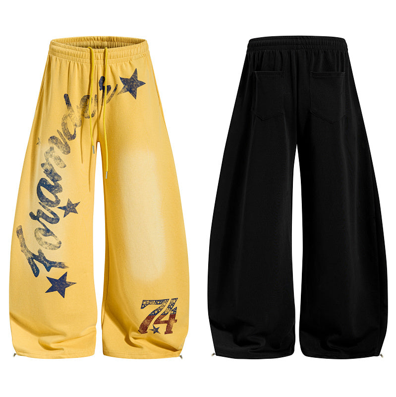 Yiaknis Wide-Leg Trousers with Star Print, Yellow and Black