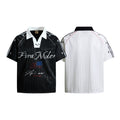 Yiaknis Men's Black and White V-Neck Polo Shirt, Script and Flag Print