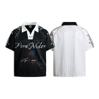 Yiaknis Men's Black and White V-Neck Polo Shirt, Script and Flag Print