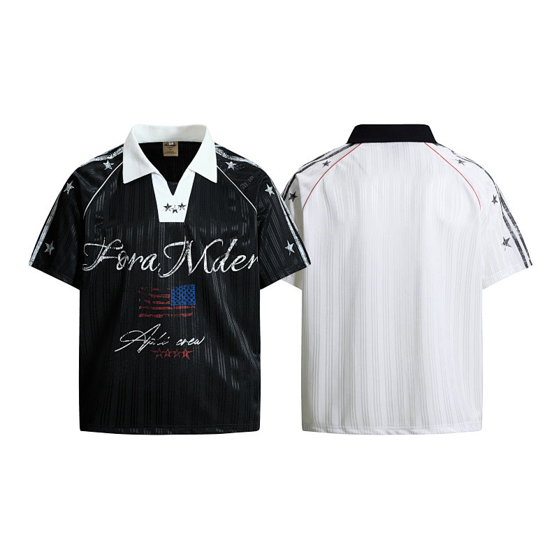 Yiaknis Men's Black and White V-Neck Polo Shirt, Script and Flag Print