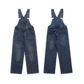Yiaknis Wide-Leg Washed Denim Overalls, Front and Back Pockets, Blue