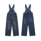 Yiaknis Wide-Leg Washed Denim Overalls, Front and Back Pockets, Blue