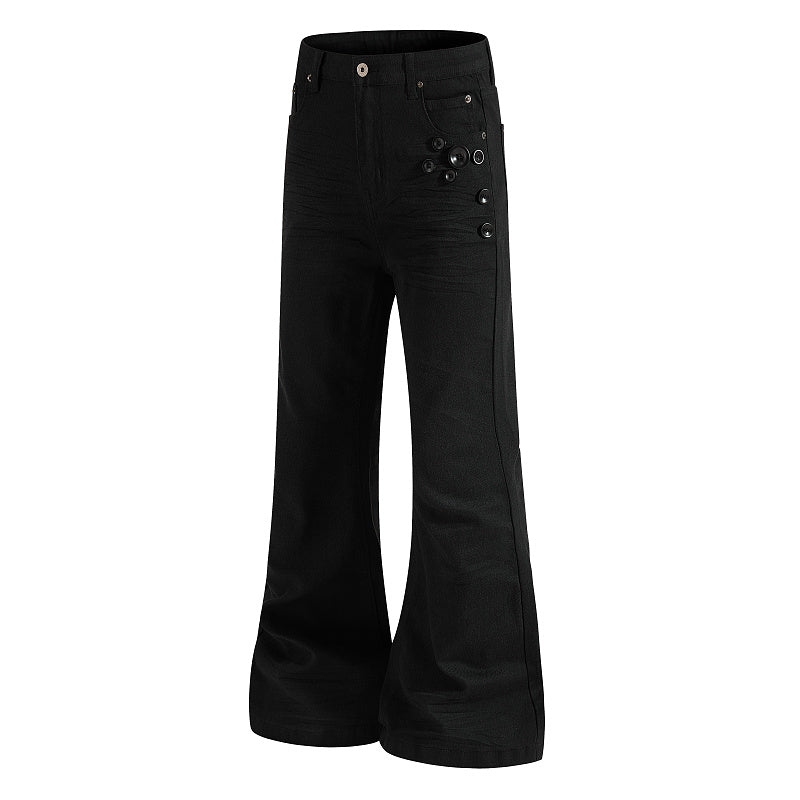 Yiaknis Flared Trousers with Round Button Detail, Black