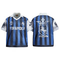 Yiaknis Men's Blue and Black Striped Short-Sleeve Top with Crest Print