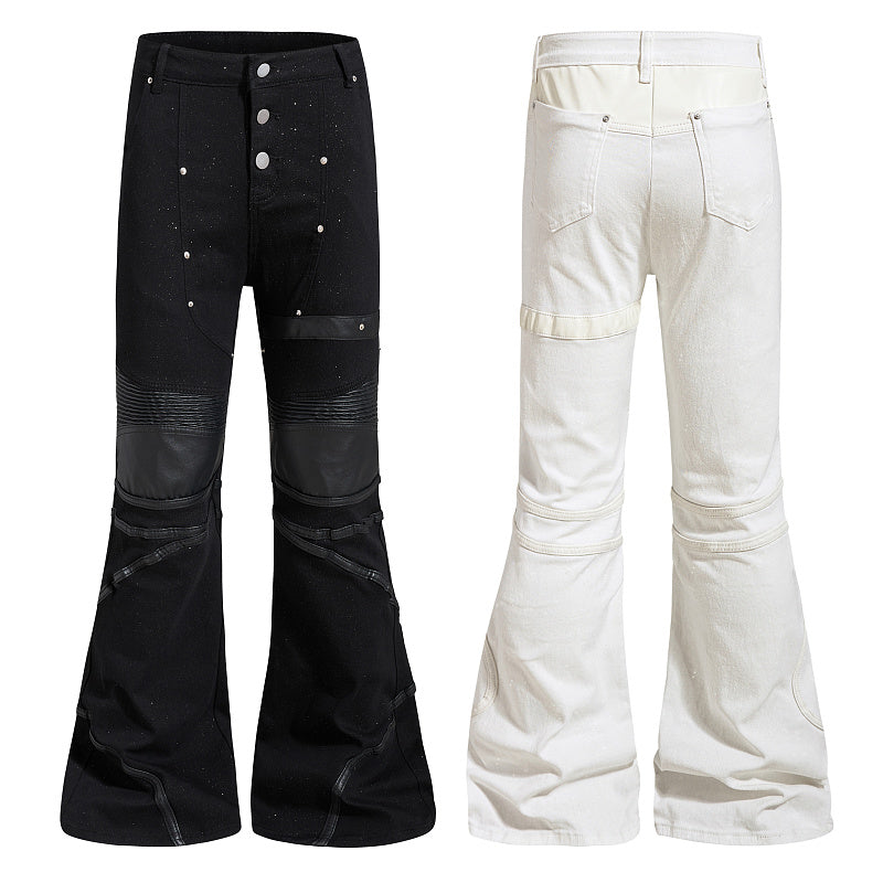 Yiaknis Black and White Flared Jeans with Leather-Look Panels