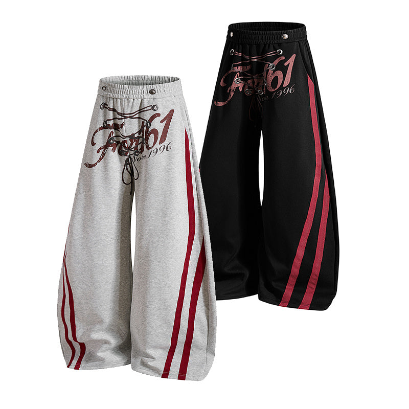 Yiaknis Wide-Leg Sweatpants, Red Side Stripes, Light Grey and Black