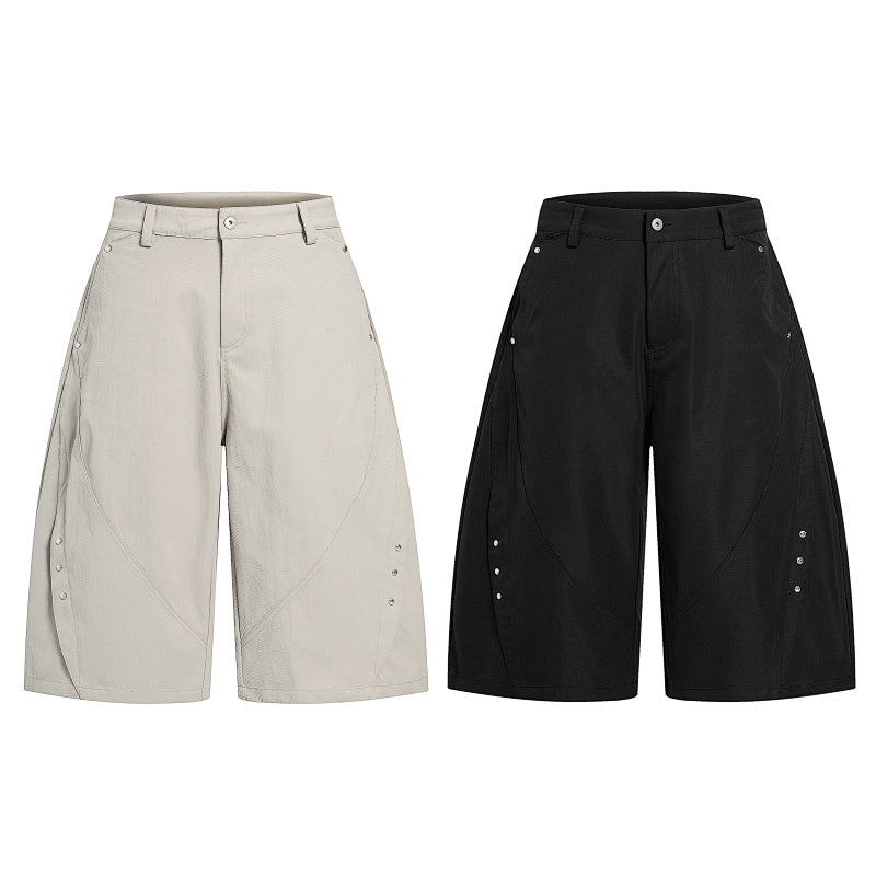 Yiaknis Wide-Leg Light Grey and Black Capri Pants with Side Studs