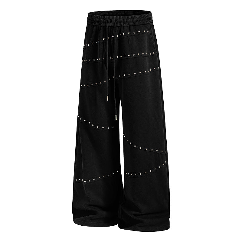 Yiaknis Wide-Leg Sweatpants with Diagonal Stud Rows, Black