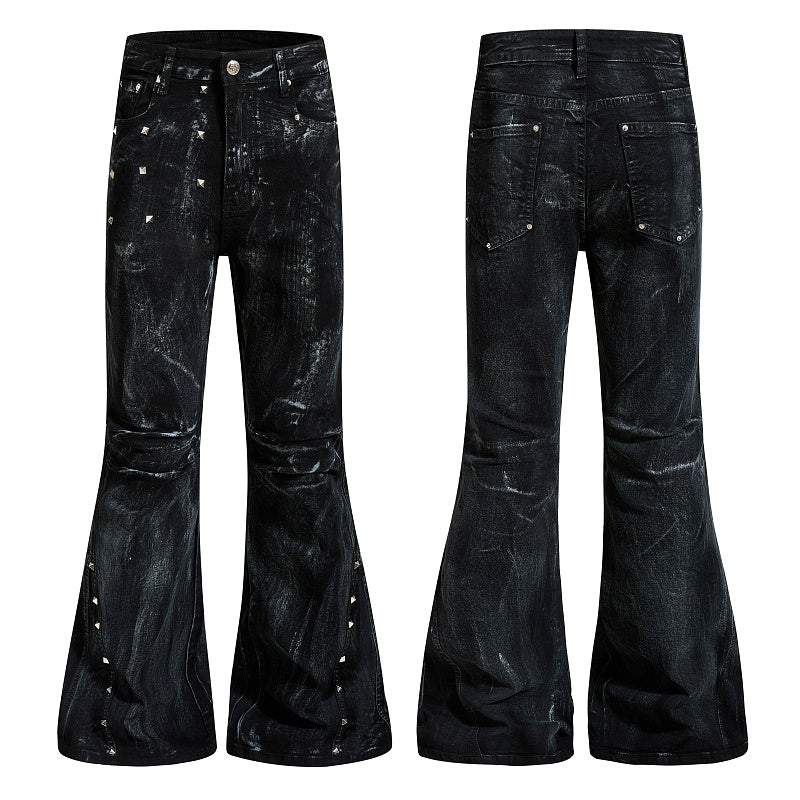 Yiaknis Black Washed Flared Jeans with Leg Studs