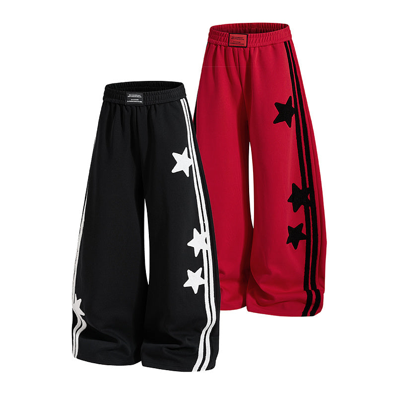 Yiaknis Wide-Leg Sweatpants with Star Side Stripes, Black and Red
