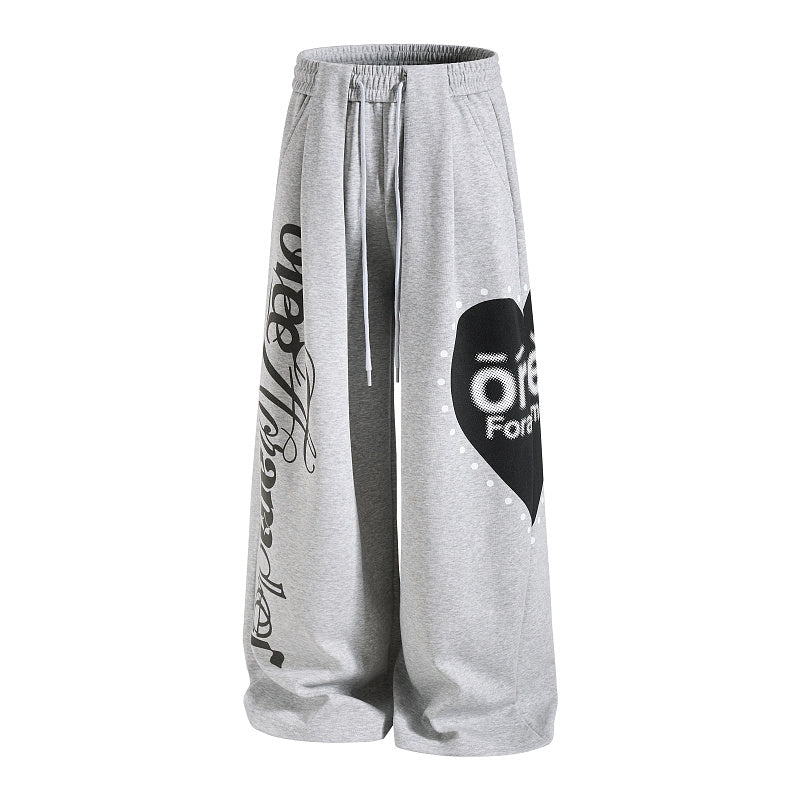 Yiaknis Wide-Leg Sweatpants with Heart and Script Print, Light Grey