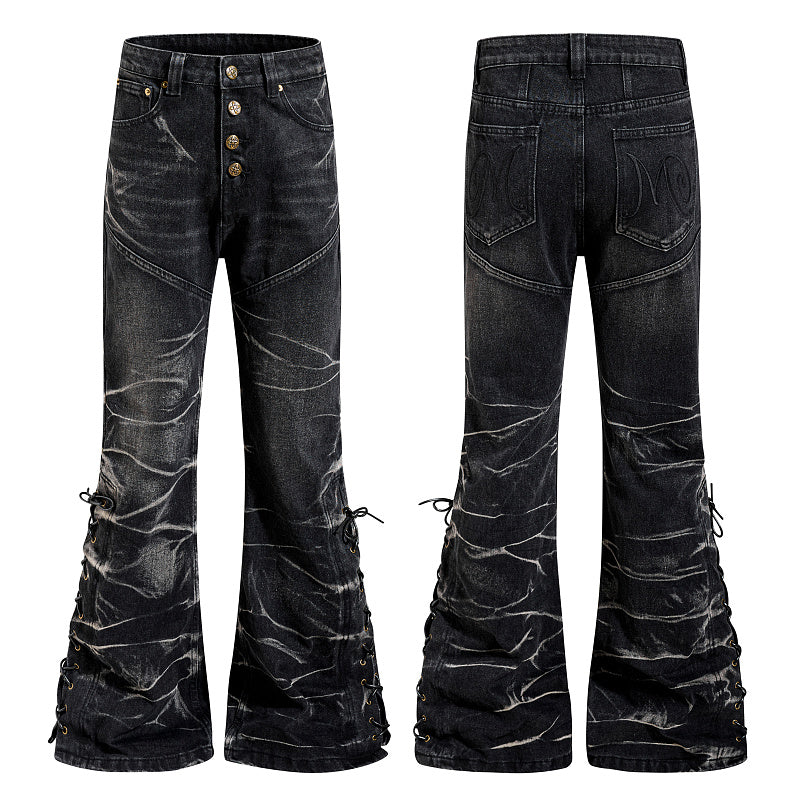 Yiaknis Black Washed Flared Jeans with Lace-Up Legs