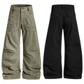 Yiaknis Wide-Leg Trousers with Button Fly and Flap Pockets, Khaki and Black