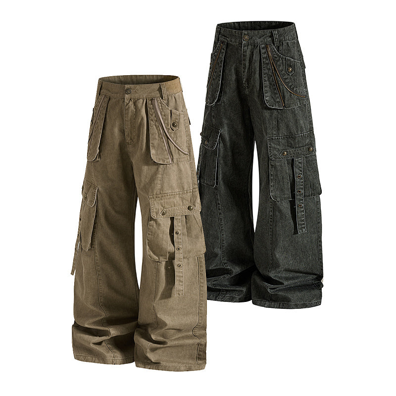 Yiaknis Wide-Leg Cargo Trousers, Flap Pockets, Khaki and Dark Green