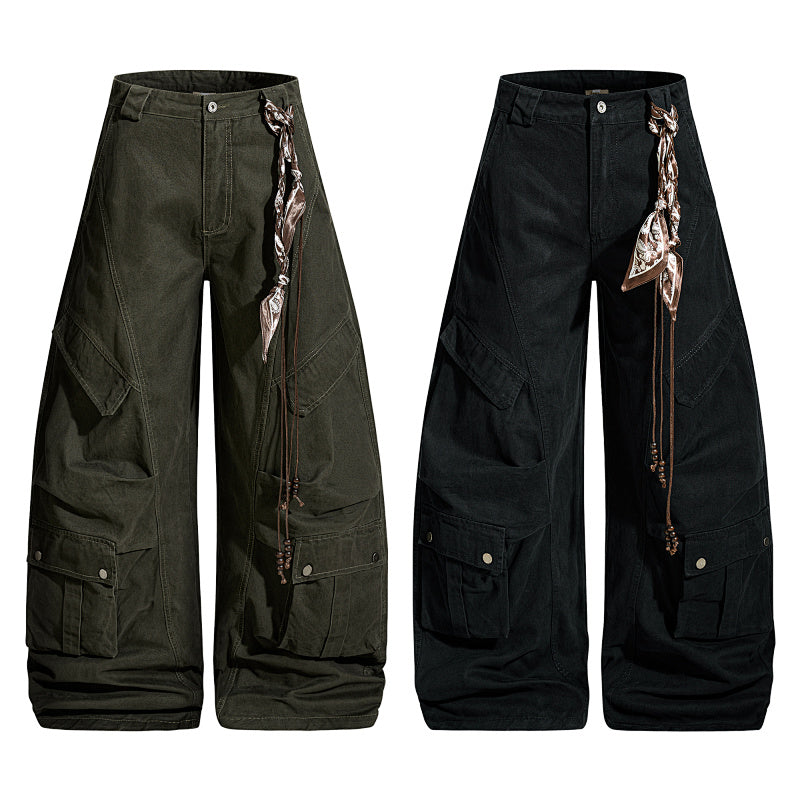 Yiaknis Wide-Leg Cargo Trousers, Snap Pockets, Dark Green and Black