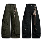 Yiaknis Wide-Leg Cargo Trousers, Snap Pockets, Dark Green and Black