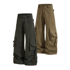 Yiaknis Wide-Leg Cargo Trousers, Pocket Straps, Dark Green and Khaki