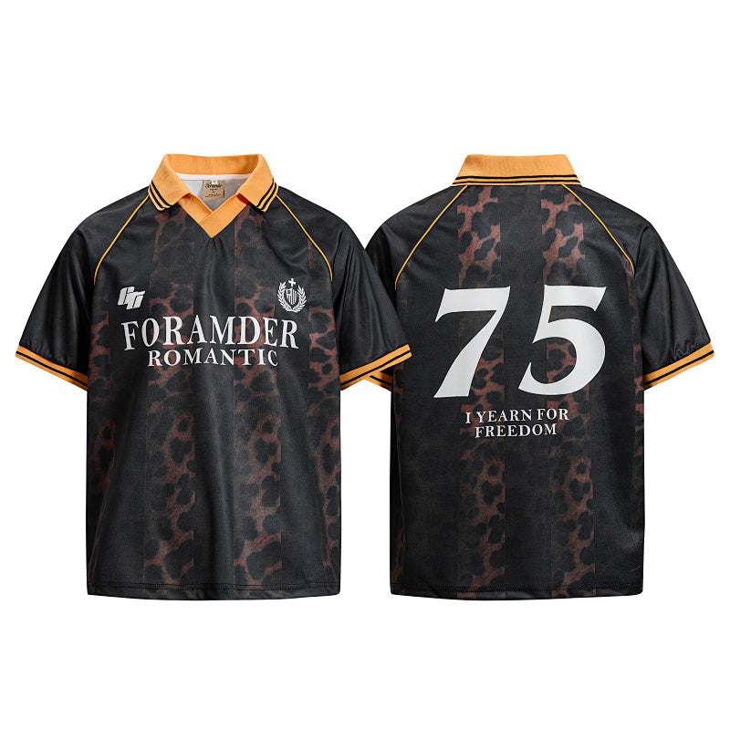 Yiaknis Men's Black Short-Sleeve Top with Orange Collar and 75 Print