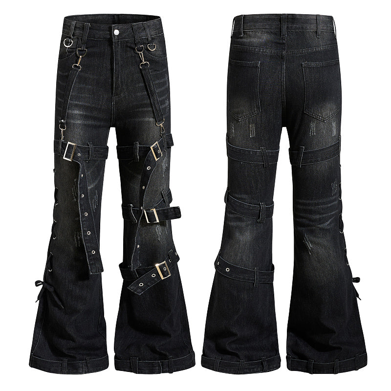 Yiaknis Black Washed Flared Jeans with Buckle Straps