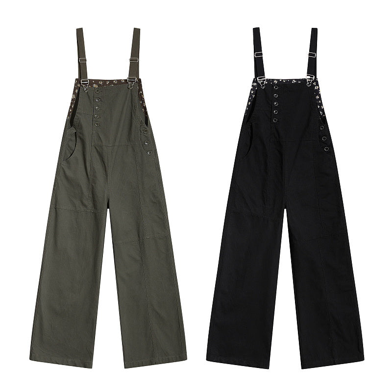 Yiaknis Wide-Leg Overalls, Floral Bib Trim, Army Green and Black